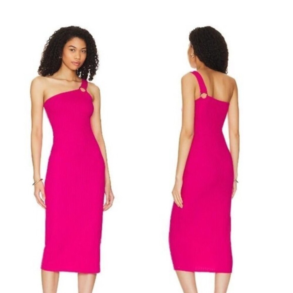House of Harlow One-Shoulder Fuchsia Ribbed Midi Dress
